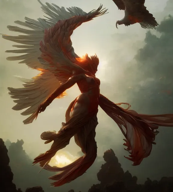 Image similar to a phoenix flying in an epic scene, bio luminescent, plasma, by ruan jia and artgerm and range murata and wlop and ross tran and william - adolphe bouguereau and beeple. key art. fantasy illustration. award winning, artstation, intricate details, realistic, hyperdetailed, 8 k resolution.