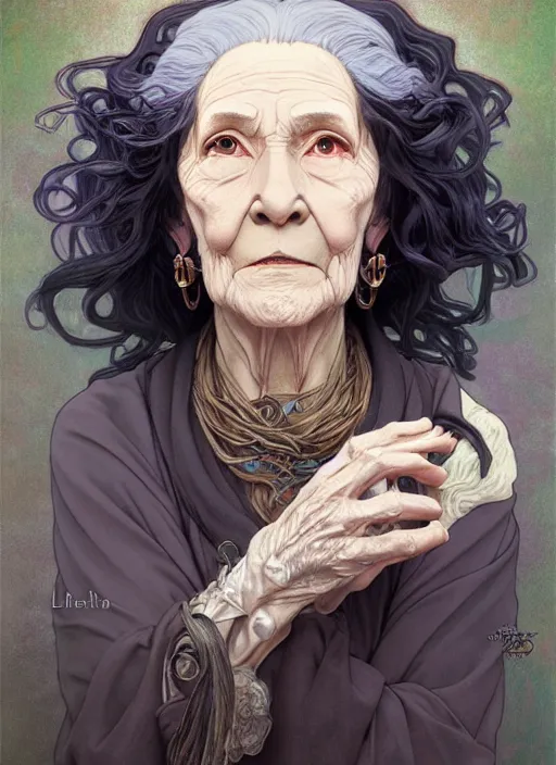 Image similar to wizened old witch with curly shiny shimmering black hair, path traced, highly detailed, high quality, digital painting, by studio ghibli and alphonse mucha, leesha hannigan, hidari, disney