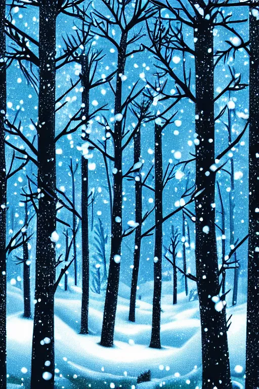 Prompt: beautiful dark evil forest at night with pine trees and snow, snowing and wind. Digital Matte Illustration by Lisa Frank