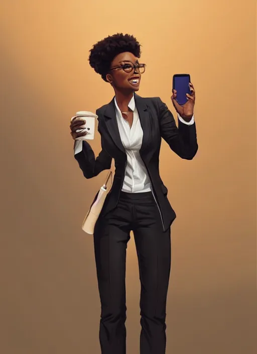 Prompt: detailed digital painting of beautiful black woman in corporate attire holding a cell phone and steaming coffee mug, fanart behance trending on artstation, concept art, matte, sharp focus, illustration, corner office background, hearthstone, art by artgerm and greg rutkowski and alphonse mucha