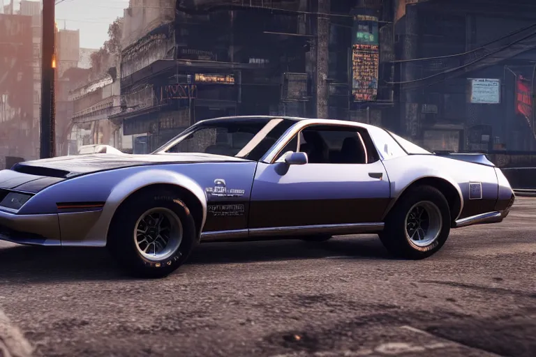 Image similar to photograph of a cyberpunk 1 9 2 2 pontiac firebird trans am, by red dead redemption 2, by grand theft auto v