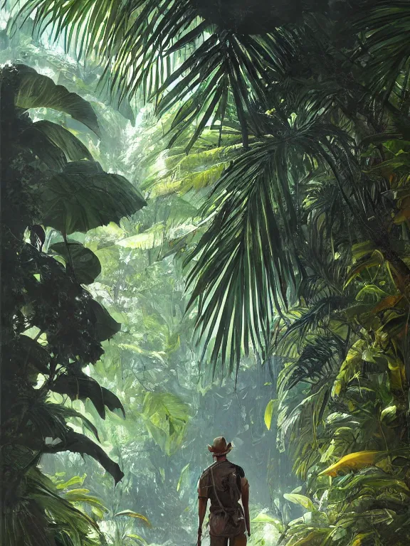 Image similar to an ultradetailed beautiful portrait painting of an explorer marching in a tropical jungle, side view, oil painting, high resolution, by ilya kuvshinov, greg rutkowski and makoto shinkai