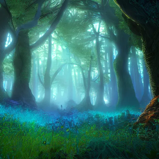 Prompt: unreal engine 5 mystical forest, vibrant teal colors, digital painting, 4k, hyper realistic, glowing butterflies, epic lighting