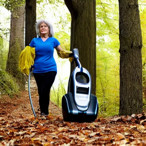 Image similar to lady walking a vacuum in a scary wood