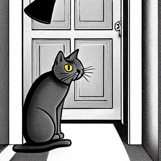 Prompt: a grey british short cat is sitting in front of a closed white door. the cat is holding a megaphone. the cat is meowing through the megaphone. creepy. manga art by Junji Ito.