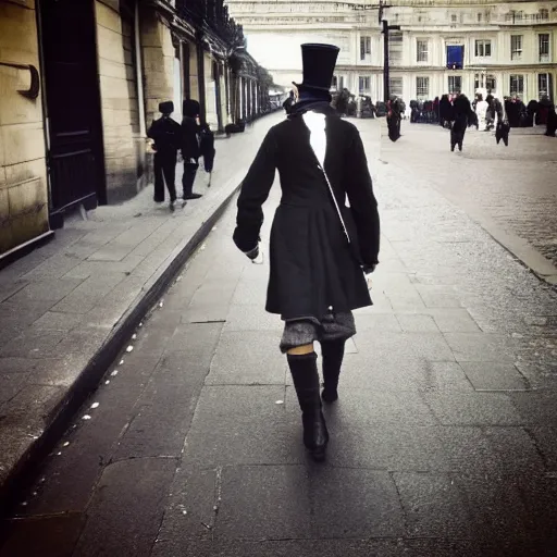 Image similar to 1850s Victorian chimney sweeper walking down the street in London, photo taken with an iPhone, HD