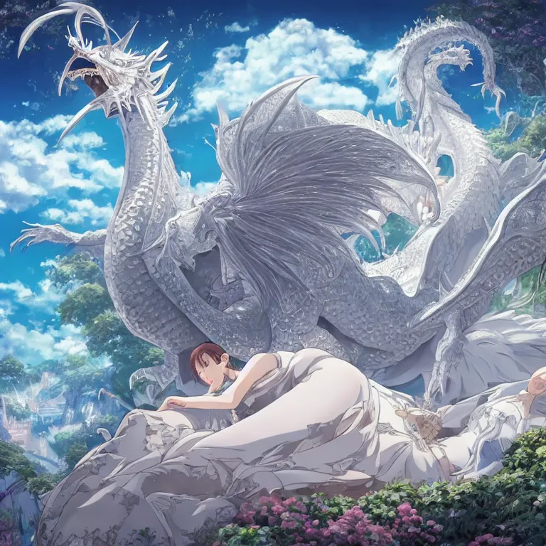 Image similar to a hyper detailed big render that beautiful princess lie on the ground be surrounded in the white clouds fairyland center by a huge silver white dragon, finely detailed angelic face, style of studio ghibli, makoto shinkai, xision, ilya kuvshinov and artgerm, kazuki tanahashi, james jean, animation style, golden curve composition, telephoto lens