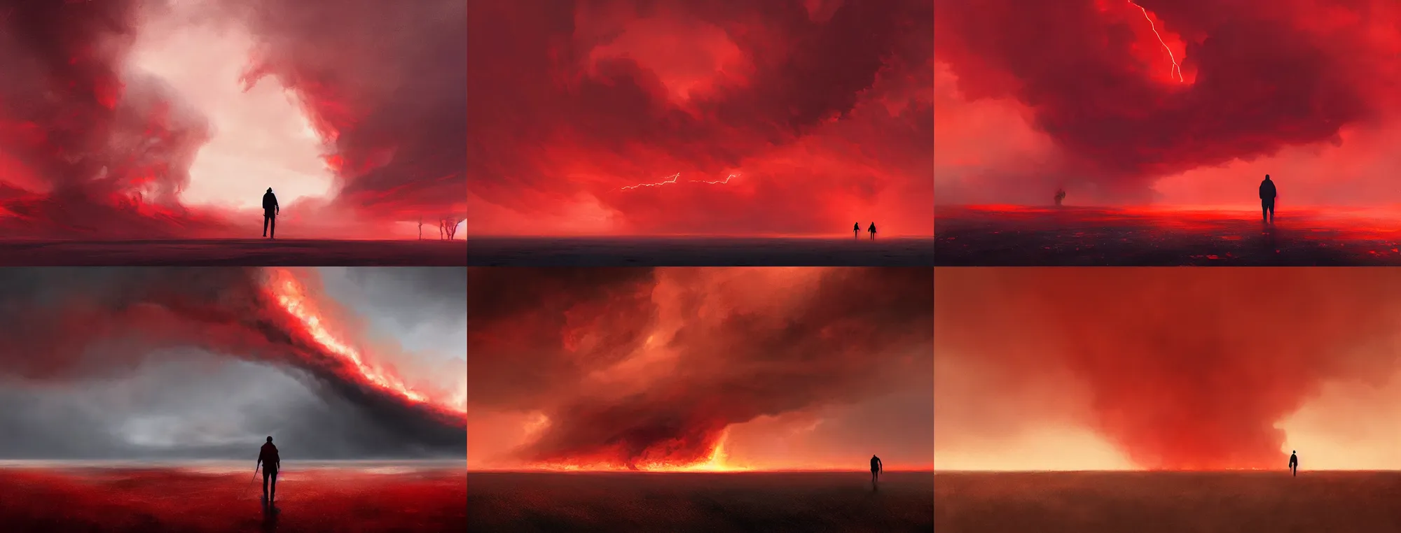 Prompt: silhouette of tiny man walking away from camera, tornado, very wide angle, low horizon, seen from behind, symmetry, dramatic, red, fire, ( land ), by greg rutkowski, artstation