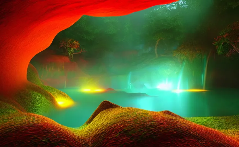 Image similar to a beautiful and stunning professional digital photo of a humongous glowing mushroom cave, haze, waterfall, volumetric lighting, hyperrealistic, red, yellow, green, blue, sunset, unreal engine 5, ultra detail