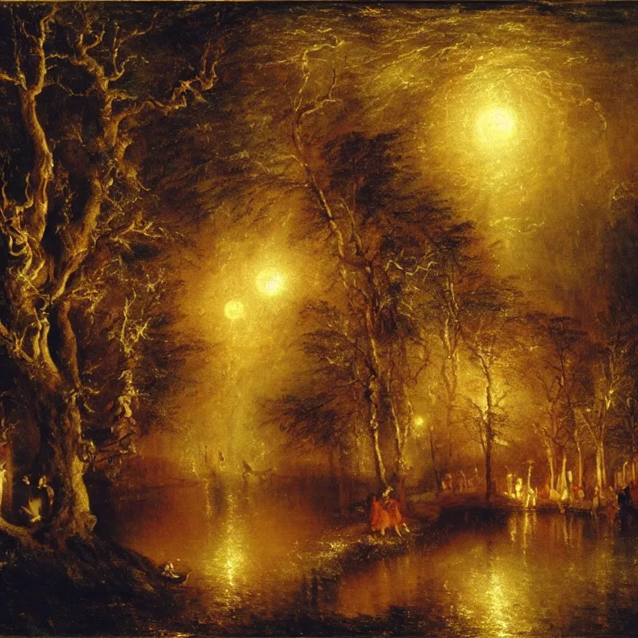 Image similar to a night carnival around a magical tree cavity, with a surreal orange moonlight and fireworks in the background, next to a lake with iridiscent water, christmas lights, folklore animals and people disguised as fantastic creatures in a magical forest by summer night, masterpiece painted by turner, scene by night, dark night environment, refraction lights, glares
