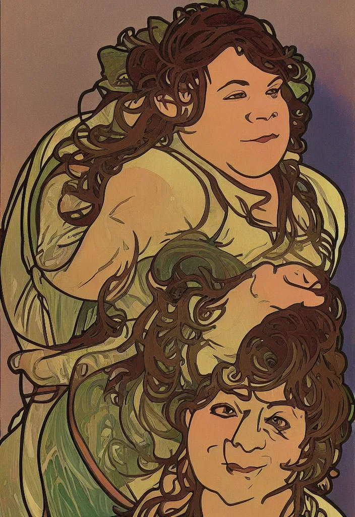 Image similar to yann lecun impersonated as shrek, in art style by alphonse mucha