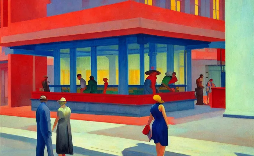 Image similar to Sowers and farmers in a Martian city built in 1930, very coherent, painted by Edward Hopper, painted by James Gilleard, airbrush, art by JamesJean