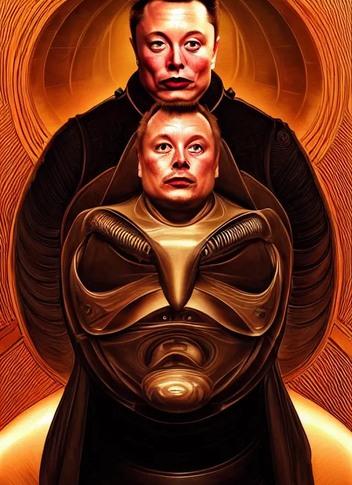 Image similar to elon musk as vladimir harkonnen, dune, portrait, intricate, elegant, highly detailed, digital painting, artstation, concept art, wallpaper, smooth, sharp focus, illustration, art by h. r. giger and artgerm and greg rutkowski and alphonse mucha