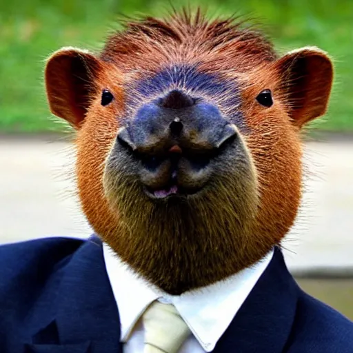 Image similar to capybara head, a man wearing a suit capybara head