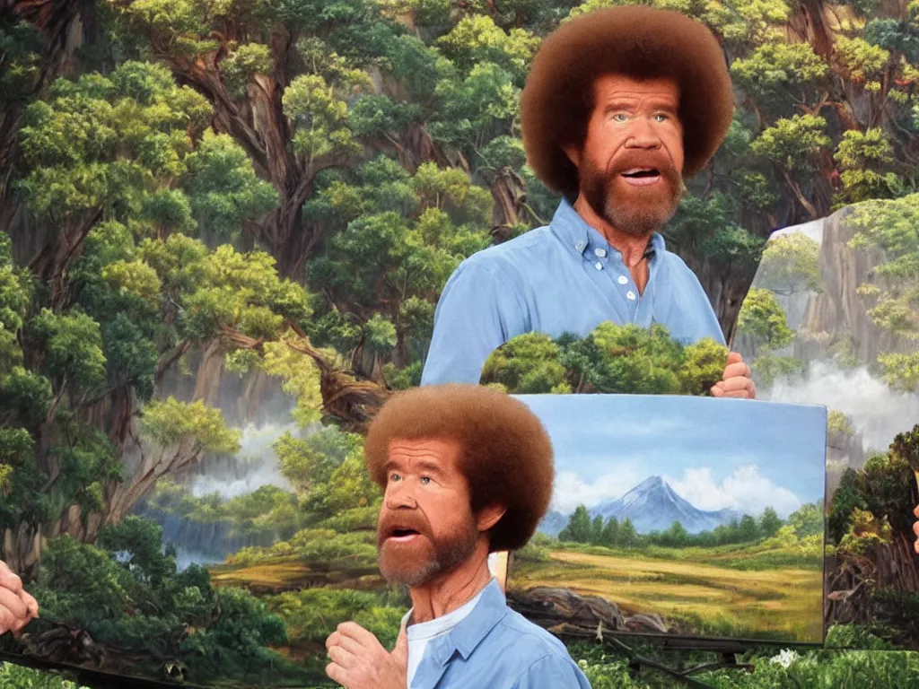 Image similar to bob ross is sad and angry and yelling at a huge nature painting by bob ross