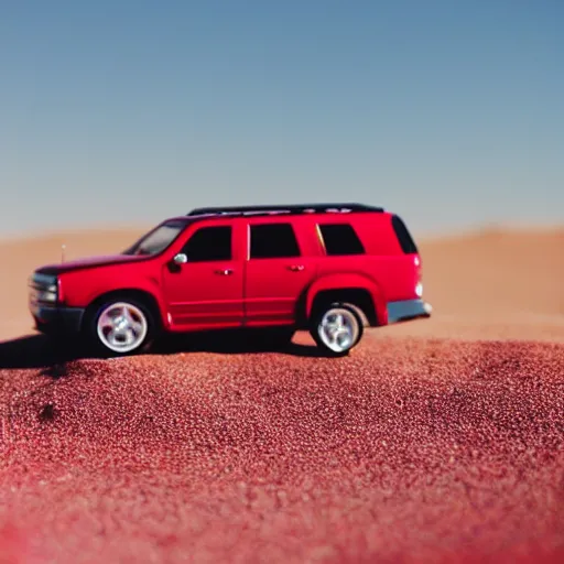 Prompt: 3 5 mm photo of metallic red suburban car like hot wheels model in desert as background, on an epic cinematic