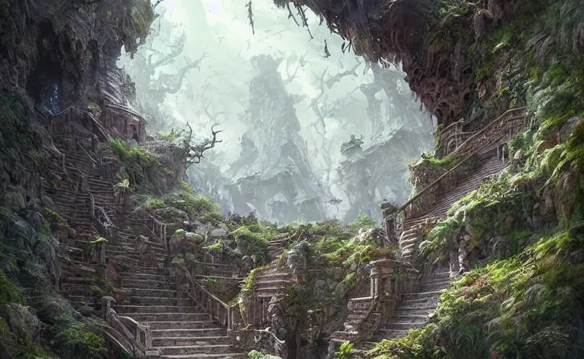 Prompt: an old stone stairway leading deep inside a cliff covered in roots and scraggy plants, fantasy digital painting, stunning intricate details, artwork by ross tran and greg rutkowski
