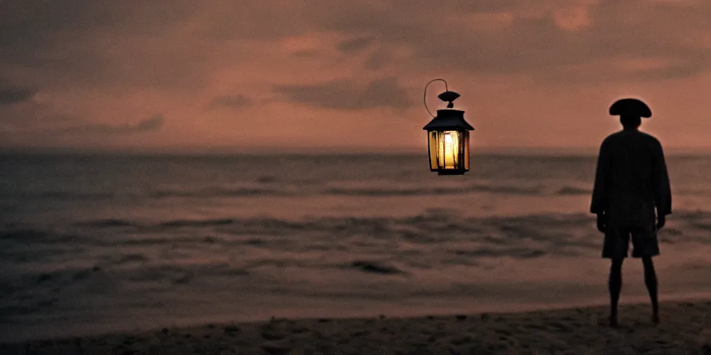 Image similar to film still of closeup old man holding up lantern by his beach hut at night. pirate ship in the ocean by emmanuel lubezki