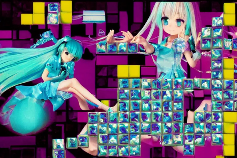 Prompt: fractal hatsune miku playing tetris, romance novel cover, cookbook photo, in 1 9 9 5, y 2 k cybercore, industrial photography, still from a ridley scott movie