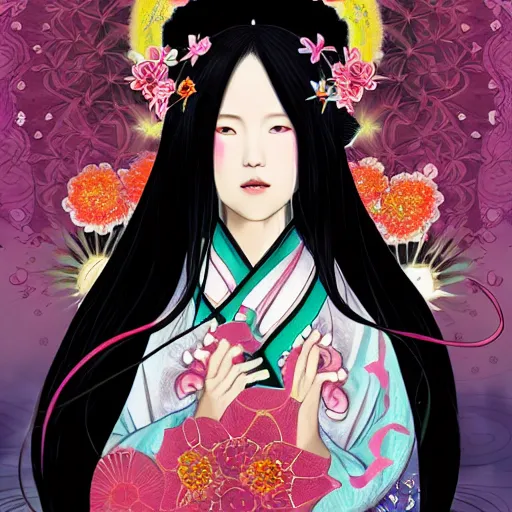 Image similar to portrait of the japanese moon princess kaguya hime with long flowing black hair wearing an ornate kimono with intricate floral patterns, touhou character illustration by ross tran, bo chen, toni infante, rebecca oborn, michael whelan, trending on artstation cgsociety hq