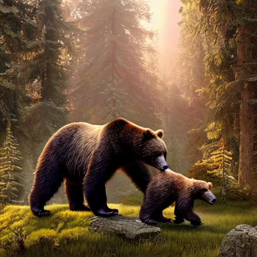 Image similar to wild bear with cubs the forest, tone mapping, akihiko yoshida, james jean, andrei riabovitchev, marc simonetti, digital illustration, greg rutowski, high key lighting, volumetric lighting, digital art, highly detailed, intricate, ornate, complex, octane render, photorealistic