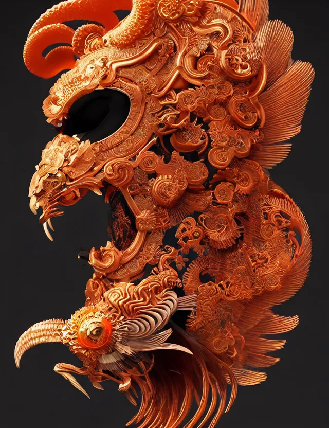 Image similar to 3 d goddess close - up profile portrait biomechanics with ram skull. beautiful intricately detailed japanese crow kitsune mask and clasical japanese kimono. betta fish, jellyfish phoenix, bio luminescent, plasma, ice, water, wind, creature, artwork by tooth wu and wlop and beeple and greg rutkowski. gold black teal and orange color scheme