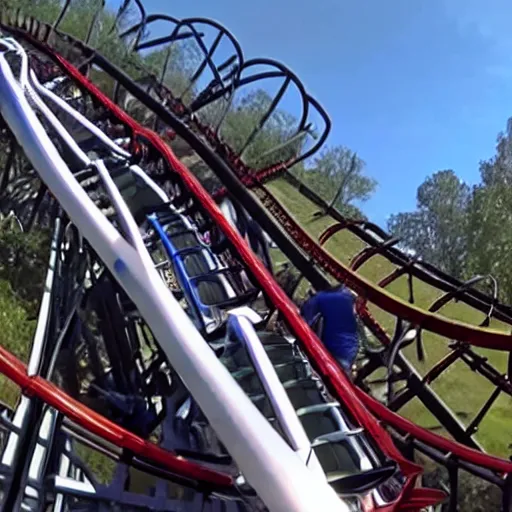 Image similar to front row go pro footage of a rollercoaster with an upcoming broken section of track