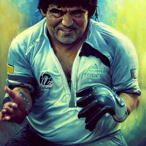 Prompt: stunning portrait of Diego Maradona playing Capoeira, painting by Raymond Swanland, cyberpunk, sci-fi cybernetic implants hq