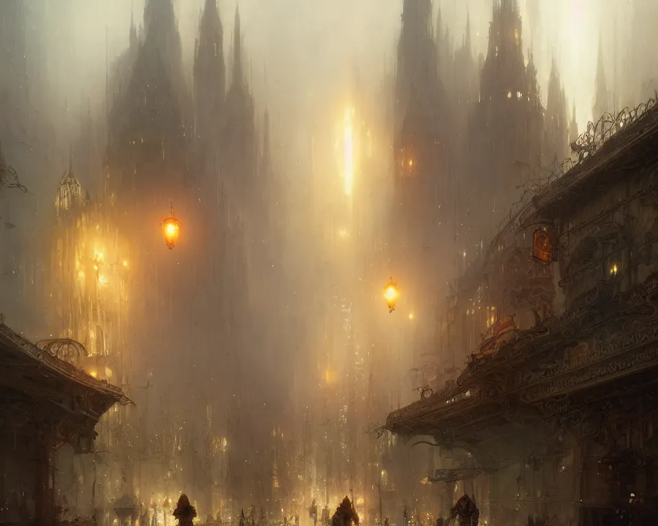 Prompt: the city is covered in fungus tendrils, ultra realistic illustration, wandering fungus people, mist, light beams, concept art, smooth, sharp focus, by gaston bussiere, bayard wu, maxim verehin, greg rutkowski,