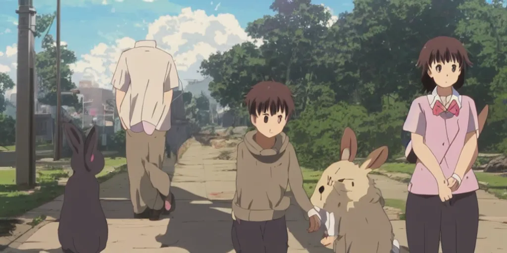 Prompt: a rabbit in the movie your name, screenshot