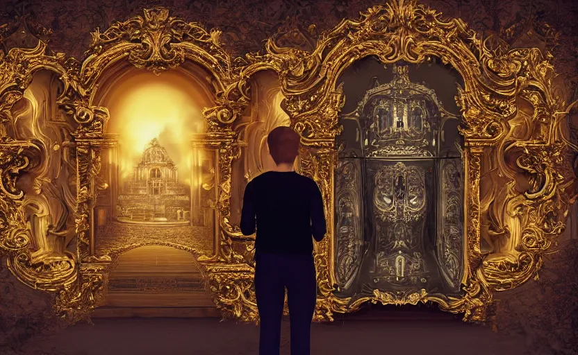 Prompt: A person standing in front of a giant baroque computer asking it to generate an image of what they are about to say, fantasy, digital art, golden hours, dramatic, ornate, manga