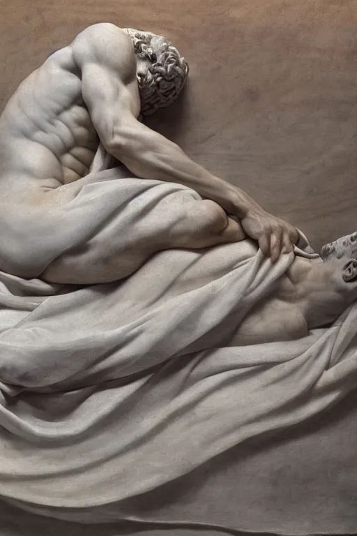 Prompt: A beautiful oil painting of a Ancient Greek Marble Sculpture of a Greek joe biden lying on a silk cloth, fog, volumetric lighting, summer, hyperrealistic, hyperdetailed.