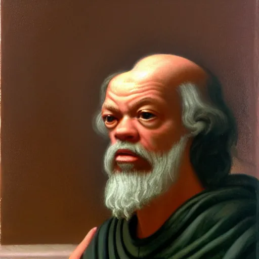 Image similar to socrates wearing a virtual reality headset, oil painting