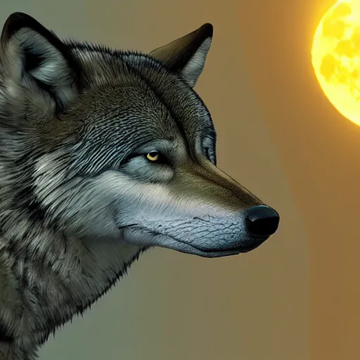 Image similar to photoshop of wolf with reptile scales instead of fur, a crocodile tail replacing the wolve's tail, photorealistic, yellowish moon overlooking misty swamp