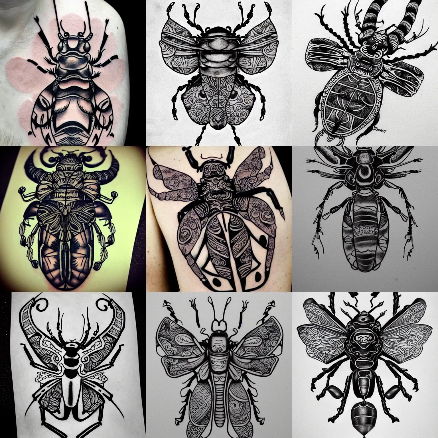 Prompt: elaborate irezumi tattoo concept of a beetle, tattoo sketch, ink, coherent