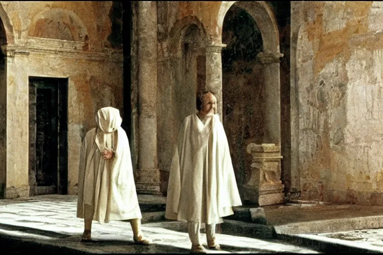 Image similar to a scene from the movie la felicita ( 1 9 7 1 ) by luchino visconti with mastroianni entering a city reminiscent of the ideal city by piero della francesca. technicolor, cinematic, 5 0 mm, highly detailed