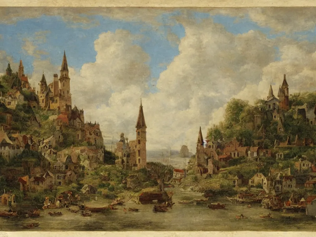 Prompt: a small fantasy village, viewed from the harbor, by jean - baptist monge,