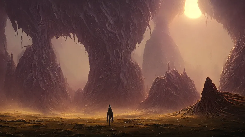 Image similar to eerie atmospheric alien planet with biomechanical plants by les edwards and vincent di fate and anato finnstark, epic cinematic matte painting