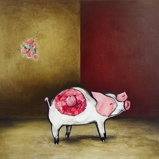 Image similar to “pig paintings and pig sculptures in a pig art gallery, pork, ikebana white flowers, white wax dripping, squashed raspberry stains, acrylic and spray paint and oilstick on canvas, by munch and Dali”