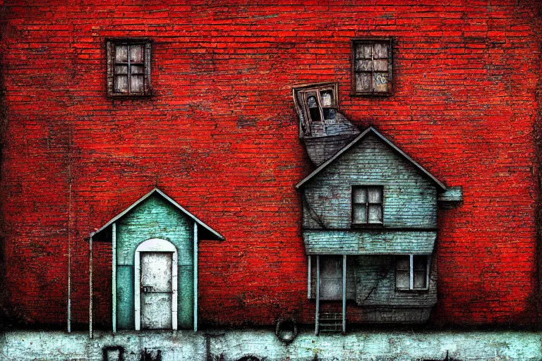 Prompt: house in the nowhere, abstract colors, red brick style, rule of thirds, shining, by adonna khare, by amir zand, by banksy, digital painting