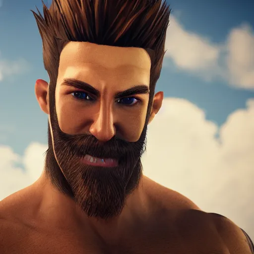 Prompt: attractive strong built irish english man with a chin beard and spiky blonde hair smiling at the camera, unreal engine, character design