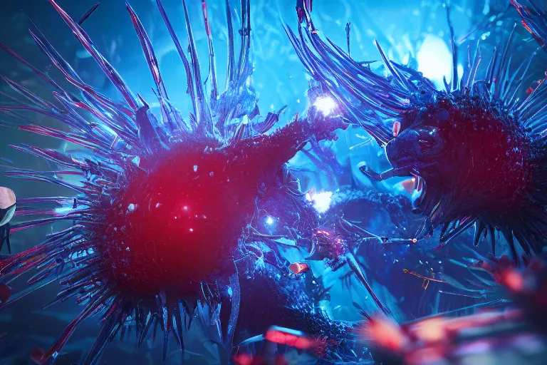 Image similar to a virus infects his host with spikes, macro, micro, nano tubes, molecular, blue and red colors, bokeh, hypermaximalistic, high details, cinematic, 8k resolution, beautiful detailed, insanely intricate details, artstation trending, octane render, unreal engine