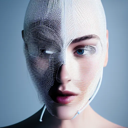 Prompt: ultra detailed, beautiful natural light, studio lights, rim light, a woman wearing a white mask with black wires on her head, featured on behance, net art, made of wire, 5 0 mm lens, elegant, hyper realistic, ultra detailed, octane render, volumetric lighting, 8 k post - production