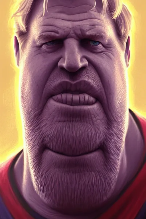 Image similar to Boris Johnson as Thanos, Boris Johnson hairstyle, calm, grumpy, portrait, masculine figure, highly detailed, digital painting, artstation, concept art, smooth, sharp focus, illustration, cinematic lighting, art by artgerm and greg rutkowski and alphonse mucha