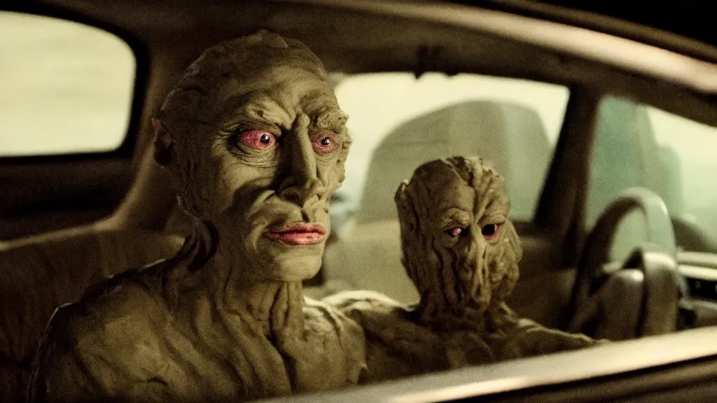 Image similar to the creature sits in a car, made of clay and oil, film still from the movie directed by Denis Villeneuve with art direction by David Cronenberg, wide lens