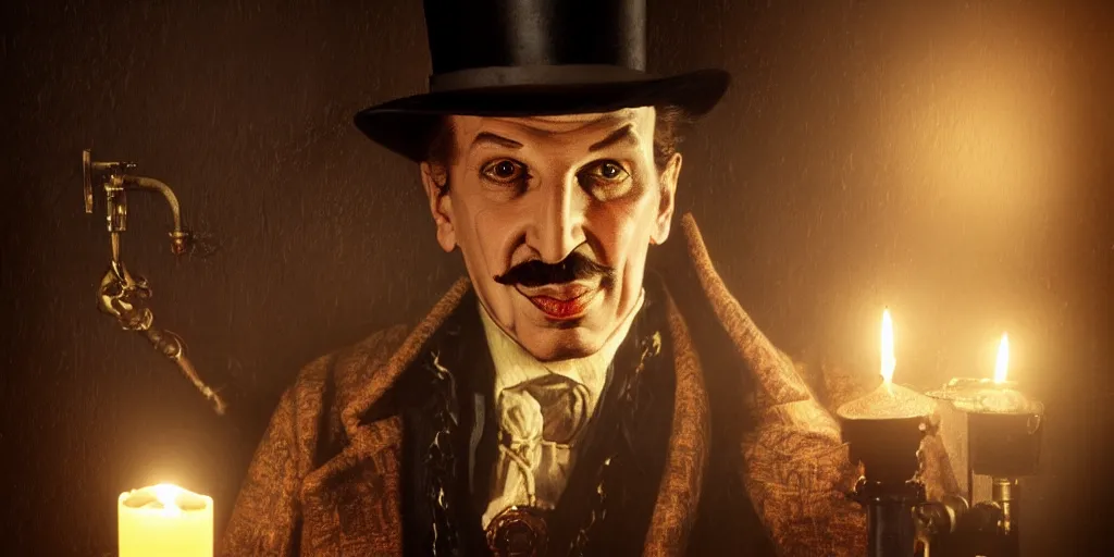 Prompt: portrait of Vincent Price dressed as steampunk , photorealism, concept art, cinematic atmosphere, candle lighting, octane render, 4k, by Norman Rockwell ,-H 1024