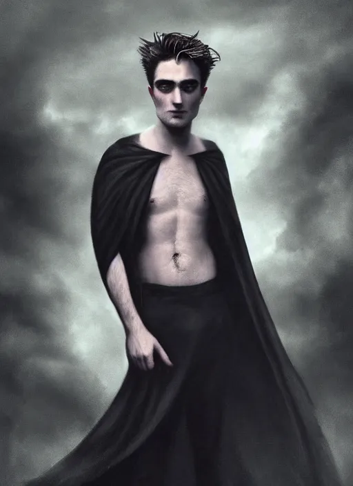 Image similar to well - shaven robert pattinson, black outfit, cape, in the style of tom bagshaw, sandman, misty endless dream cinematic background, netflix sandman