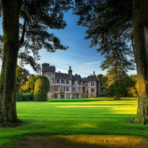 Prompt: a magnificent english manor sitting in the countryside, sunrise, wide angle, ultra - hd, ornamental, grandiose architecture, epic scale, super resolution, humble lighting, natural rays, ray tracing, golden reflections