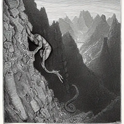 Image similar to a demon crawling up from a canyon, highly detailed, in the style of Gustave Dore