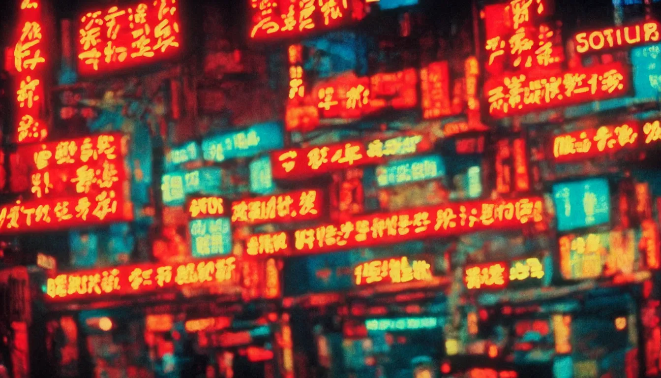 Image similar to 8 0 s asian neon movie still, medium format color photography, blurred background, movie directed by kar - wai wong, hyperrealistic, photorealistic, high definition, highly detailed, tehnicolor, anamorphic 5 0 mm lens
